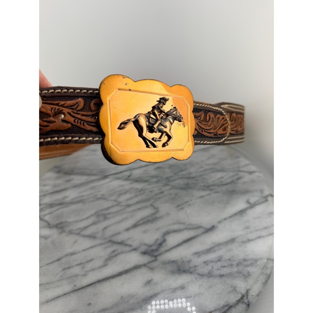 Vintage Big John Hand Painted Tooled Leather Belt Size 32 Pony Express Buckle